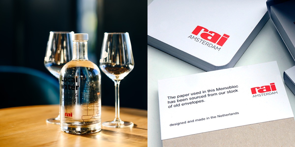 De Local Water fles van RAI Amsterdam en een notitieblokje dat gerecycled is.